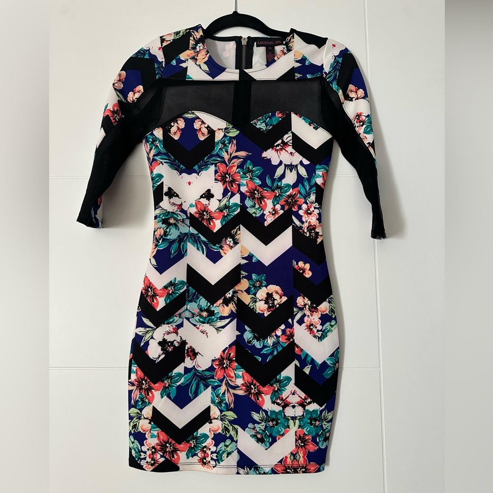 Material Girl Floral Chevron Mini Dress - Black, Blue, Pink